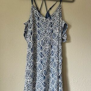 Navy & White Lace Overlay Cold-Shoulder Dress